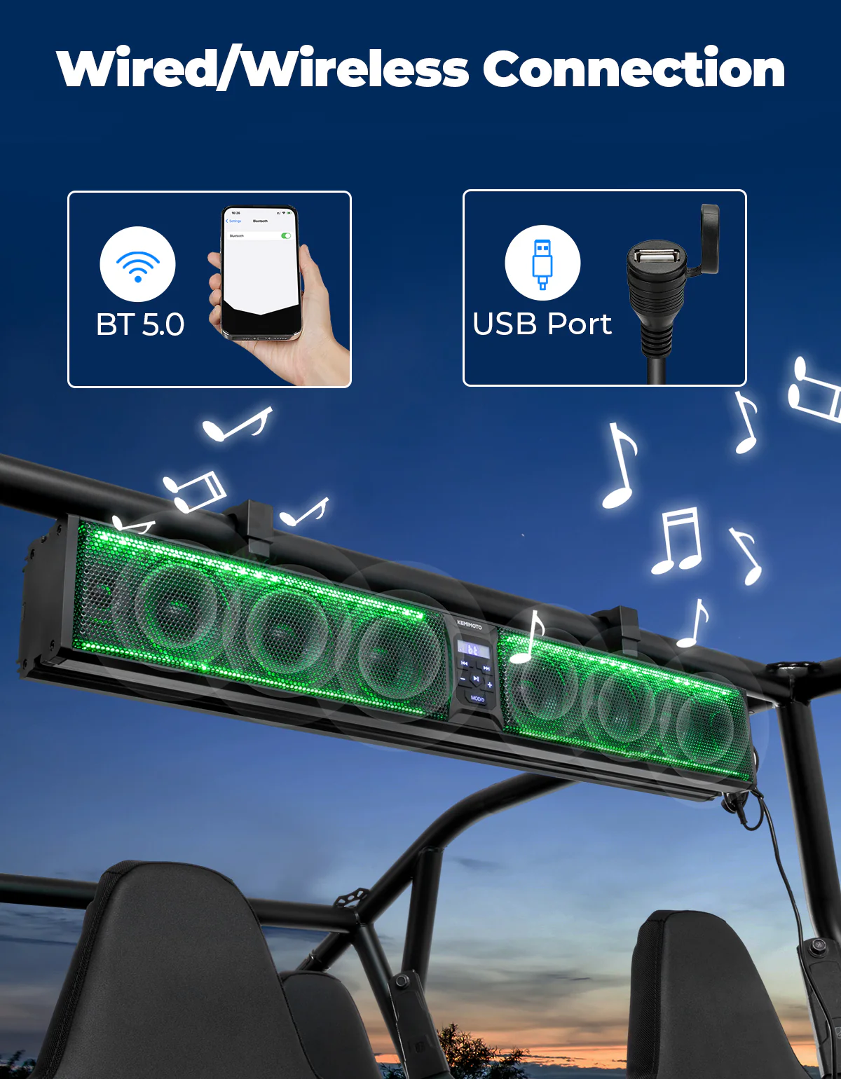 33 Inch RGB UTV Bluetooth Sound Bar, 8 Speakers for 1.75''-2.25'' Roll Bar - Image 3