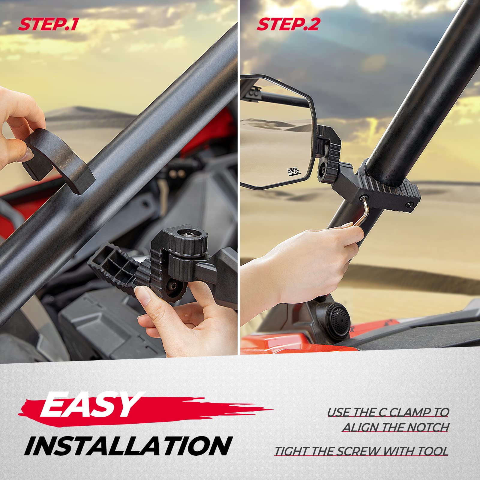 UTV Side Mirrors for 1.65"-2" Roll bar Fit for Polaris RZR / Maverick X3 - Image 5