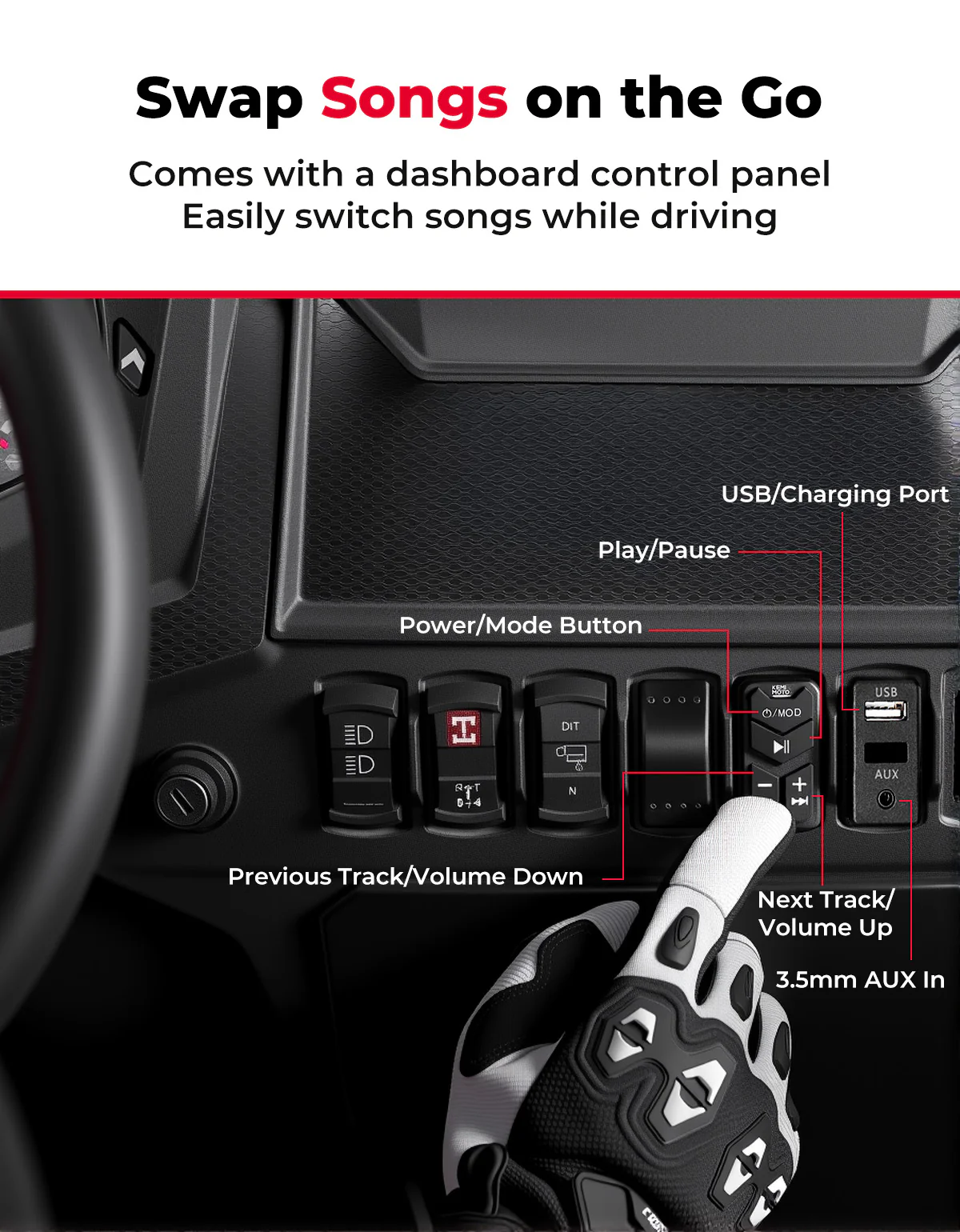 UTV Sound System 6.5 Inch Speakers Overhead Stereo Bluetooth Fits 1.625-1.9in Roll Cages - Image 6