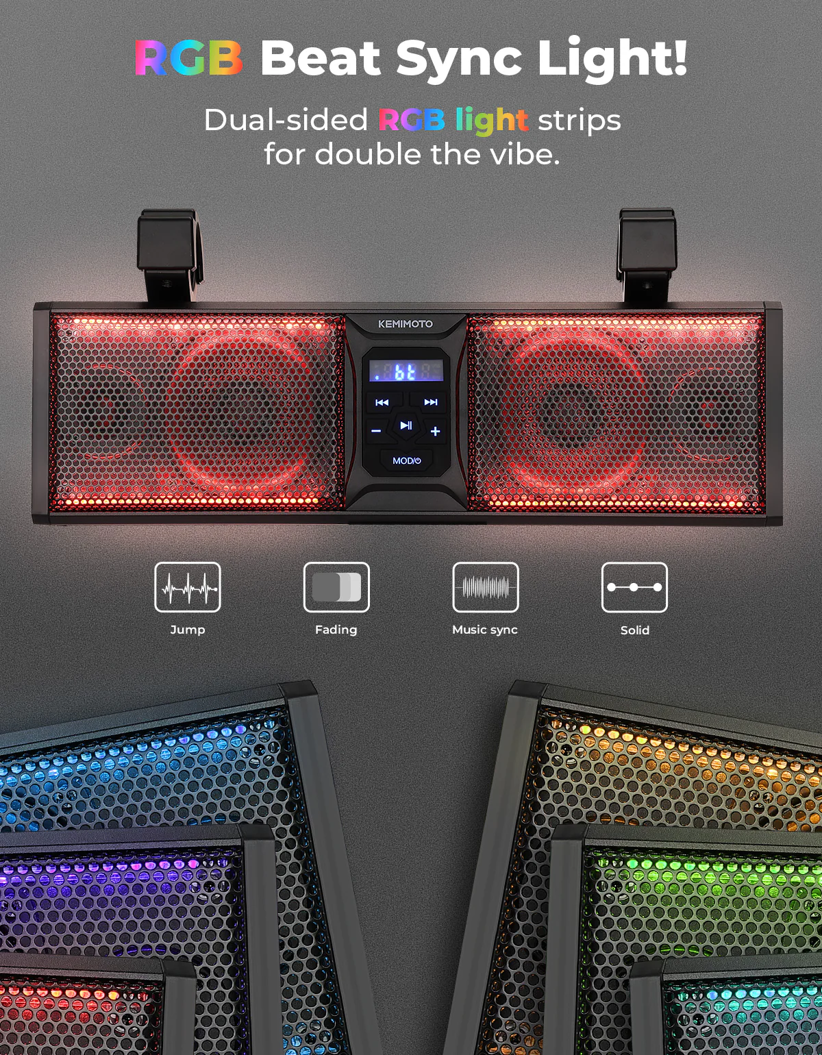 4 Speaker 16 Inch RGB Universal Sound Bar for 1.75''-2.25'' Roll Bar - Image 4